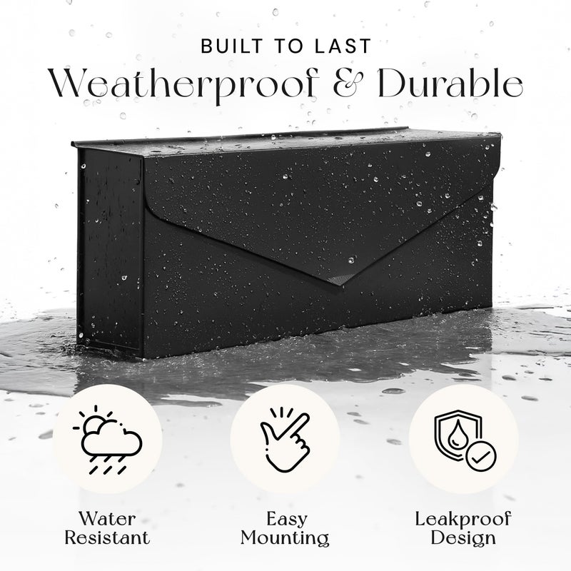 NACH Black Envelope Wall Mount Mailbox, Rust Resistant Metal Mailbox, Black Mailbox Wall Mount, Mailboxes for Outside Wall Mount, Outdoor Mailboxes, Wall Mailbox, 14.1 x 3.5 x 6 Inches, MB-6915BLK - Image 5